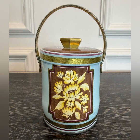 England Advertising Bucket Blue Floral Biscuits Lithograph Tin Can Handle - Picture 3 of 5